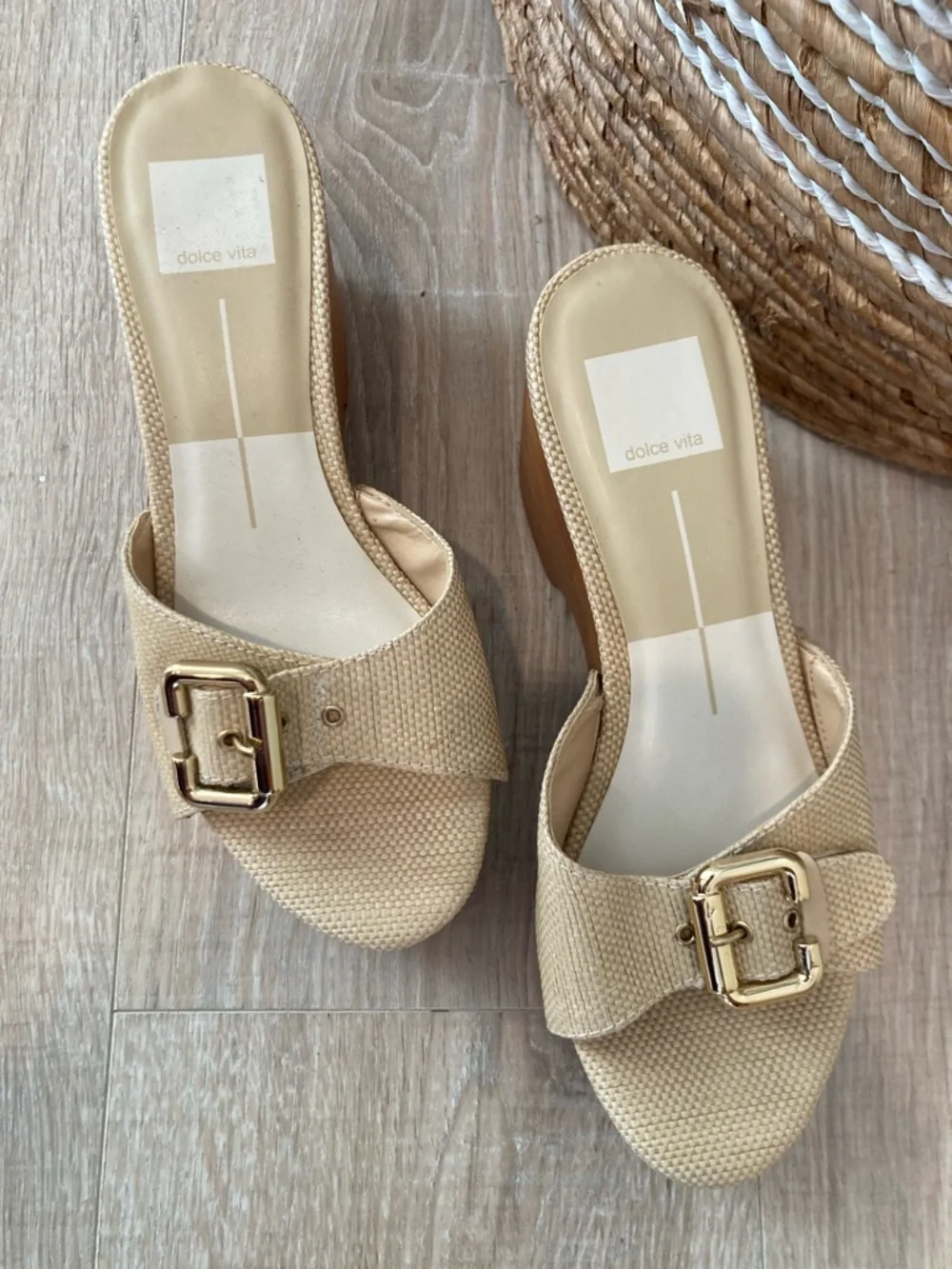 Dolce Vita Cream Platform Slide Sandals with Wood Heel